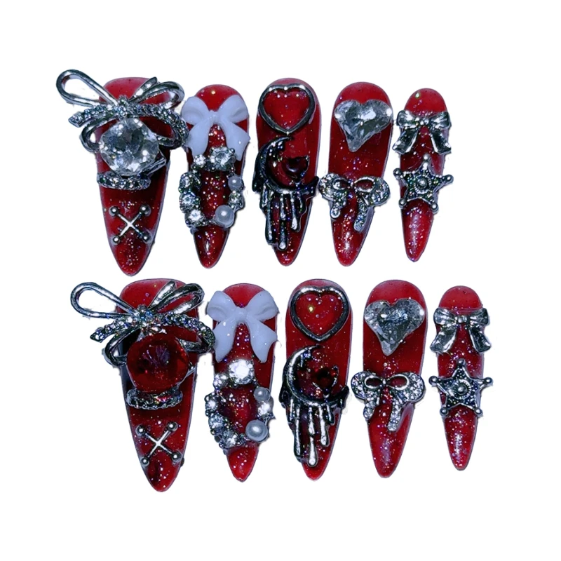 10 pezzi gotico scarlatto glitter Spice Girl stampa fatta a mano sull'arco per unghie cuore luna stella arte unghie finte
