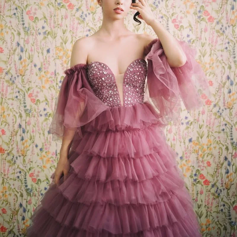 

lavender Quinceanera Dress off-shoulder Lace layering crystal flower decal Long tail vestidos de 15 Quinceanera ﻿Customize