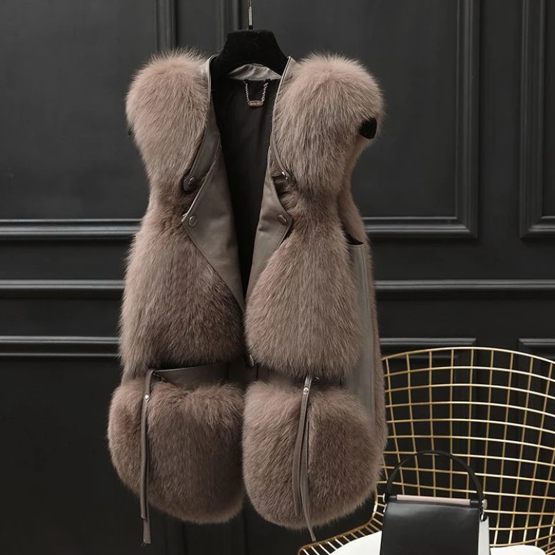 Winter New Women Faux Fox Fur Coat Thicken Warm Casual Waistcoat Slim Short Outwear Fashion Patchwork Solid Color Outcoat 2023