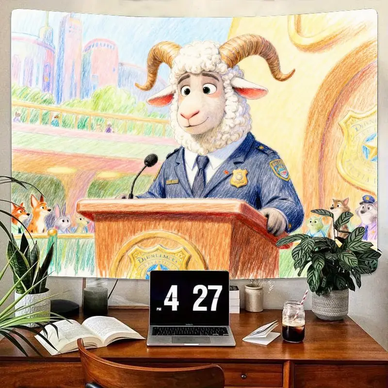 

1 шт., гобелен в стиле зоотопии, полицейский баран, современное настенное искусство из полиэстера для декора гостиной, спальни, общежития, фильм животных Fa