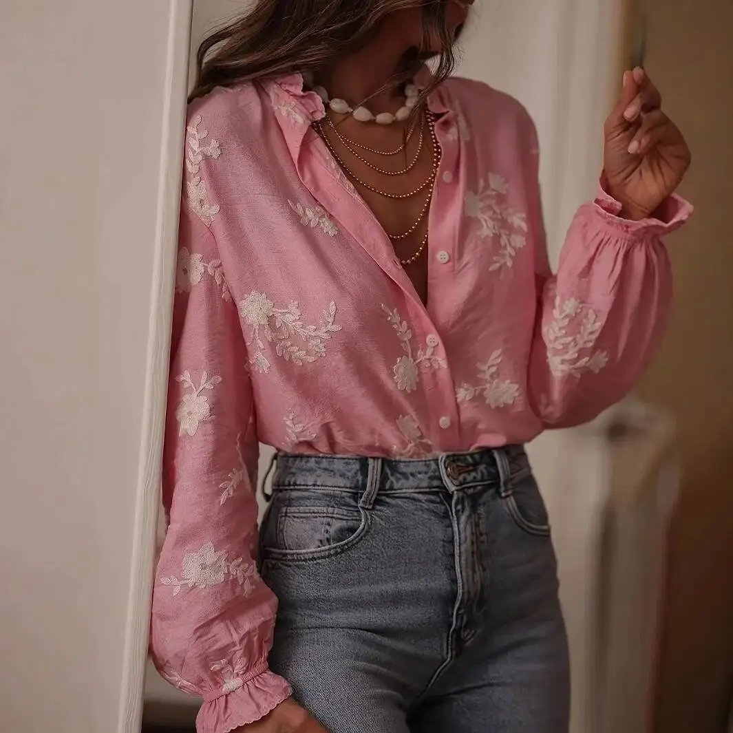 

Autumn Winter Long Printed Shirt Turn-Down Collar Lantern Sleeve Women's Fashion Cross-Border Clothing Slim Fit Button Up