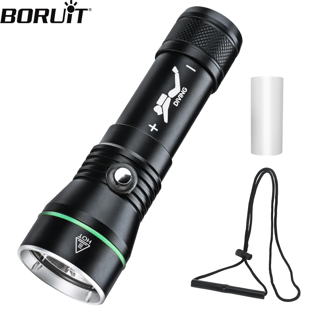 BORUiT 2000LM LED Torcia subacquea Super luminosa P50 IPX8 Torcia impermeabile Subacquea 100M Lanterna per pesca subacquea