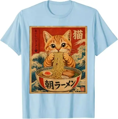 Lustiges Katzen-Ramen-Grafik Retro Japanisches Kawaii Anime Nudel T-Shirt Y2k Cartoon Weiches Baumwoll-T-Shirt für Frauen Männer Harajuku Tees – Detail 18