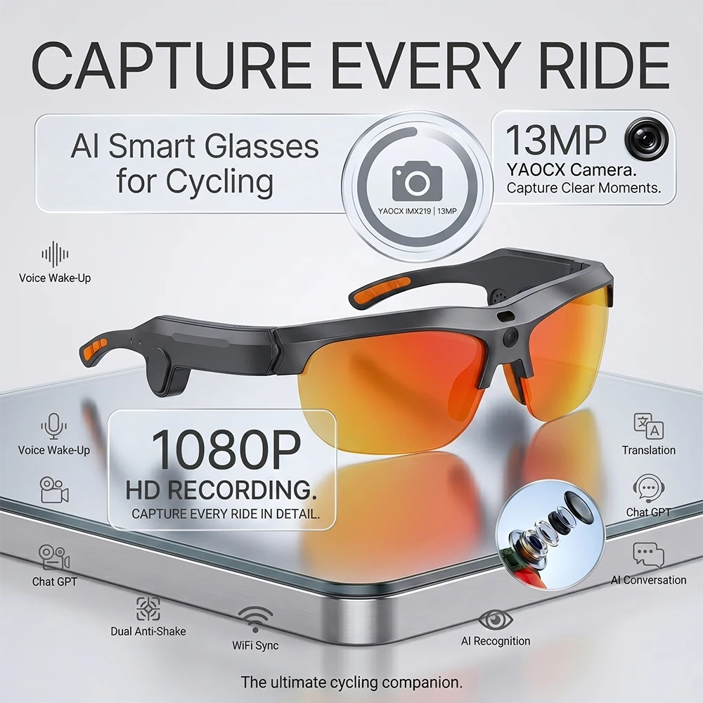 

Smart Cycling Glasses 1300W HD Camera 1080P Anti-Shake Video AI Real-Time Translation Call Smart Recognition Sports Sunglasses