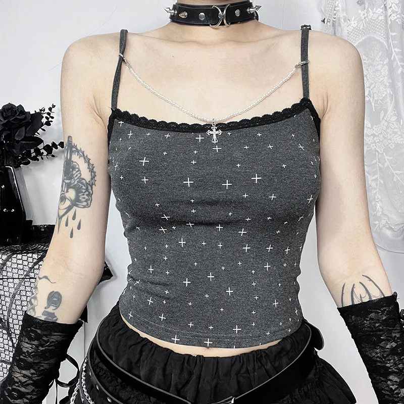 ISAROSE Y2K Gothic Summer Camisole for Women Dark Gray Adjustable Spaghetti Straps Lace Crop Tops with Cross Metal Pendant