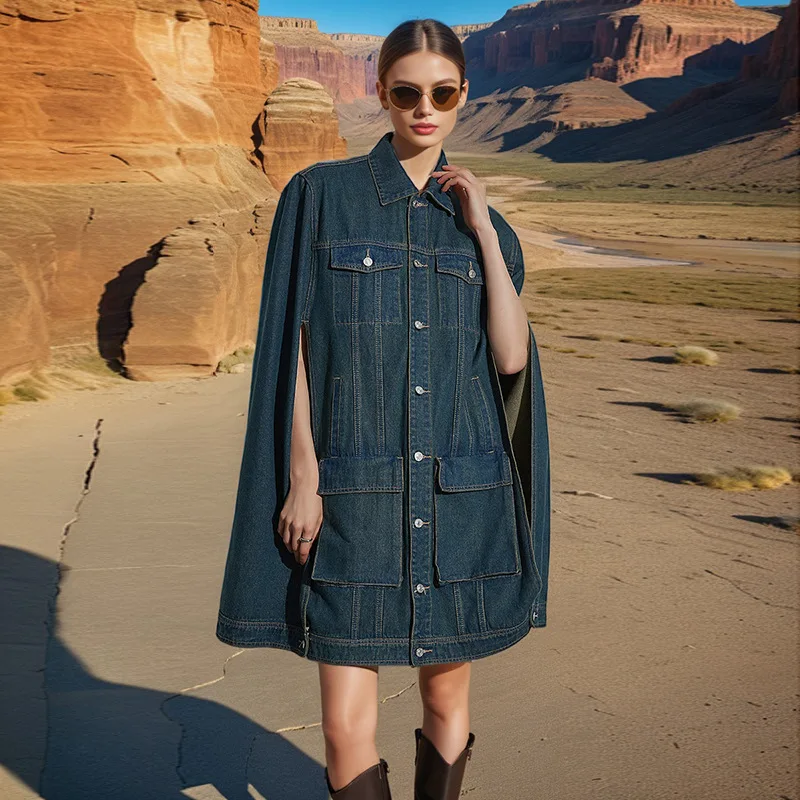 Women's Patchwork Denim Jacket Coat Turn-Down Collar Cape-Style Trendy Autumn Fashion Large Pockets Personalized Clothing