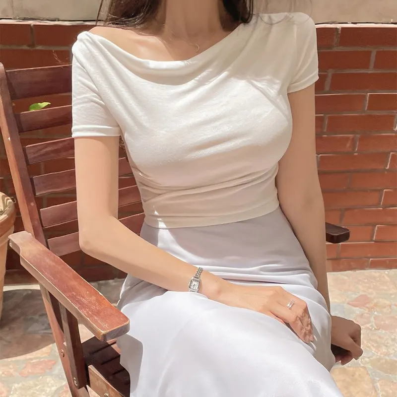 Korean Style 2026 Spring Summer New Women T-shirt Fashion Versatile Short Sleeve Slim Fit T-Shirts Draped Neckline Crop Top