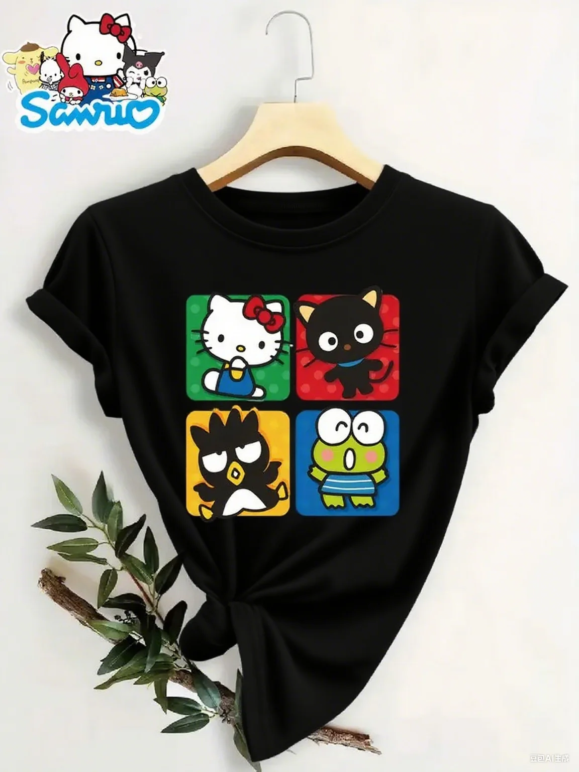 

Sanrio Themed Cotton Tee Featuring Hello Kitty The Black Cat Badtz Maru and Keroppi in Distinctive Square Prints High Quality