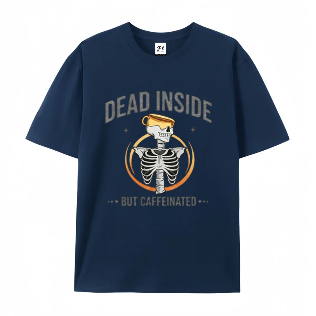 Dead Inside But Caffeinated T-Shirt Skull Coffee Graphic Tee Funny Coffee Lover Shirt Skeleton Coffee Cup Print Top Casual Tee