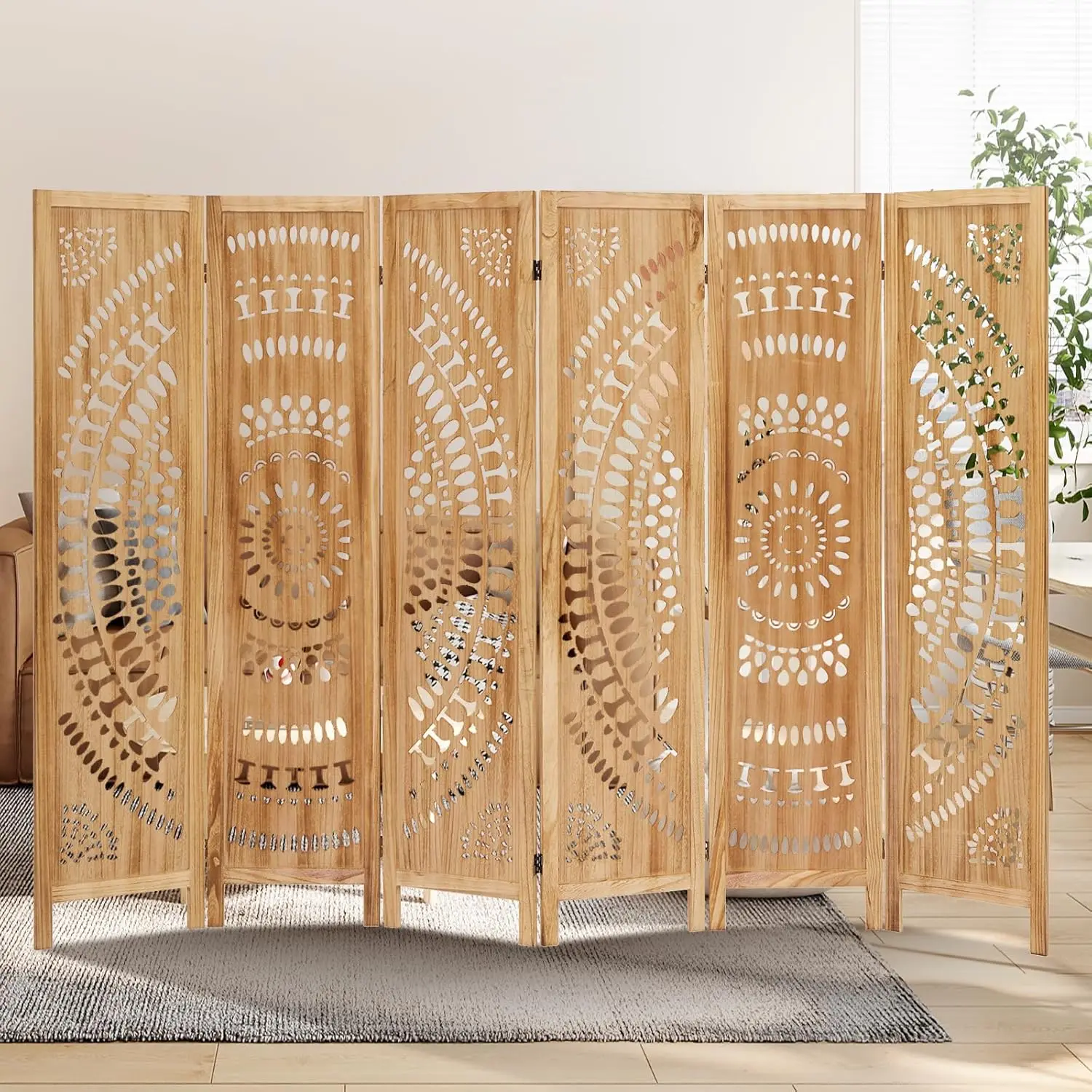 

6 Panel 6ft Wood Room Divider Folding Partition Screen Freestanding Wall Separator - Rustic Boho Carved Paulownia Decor