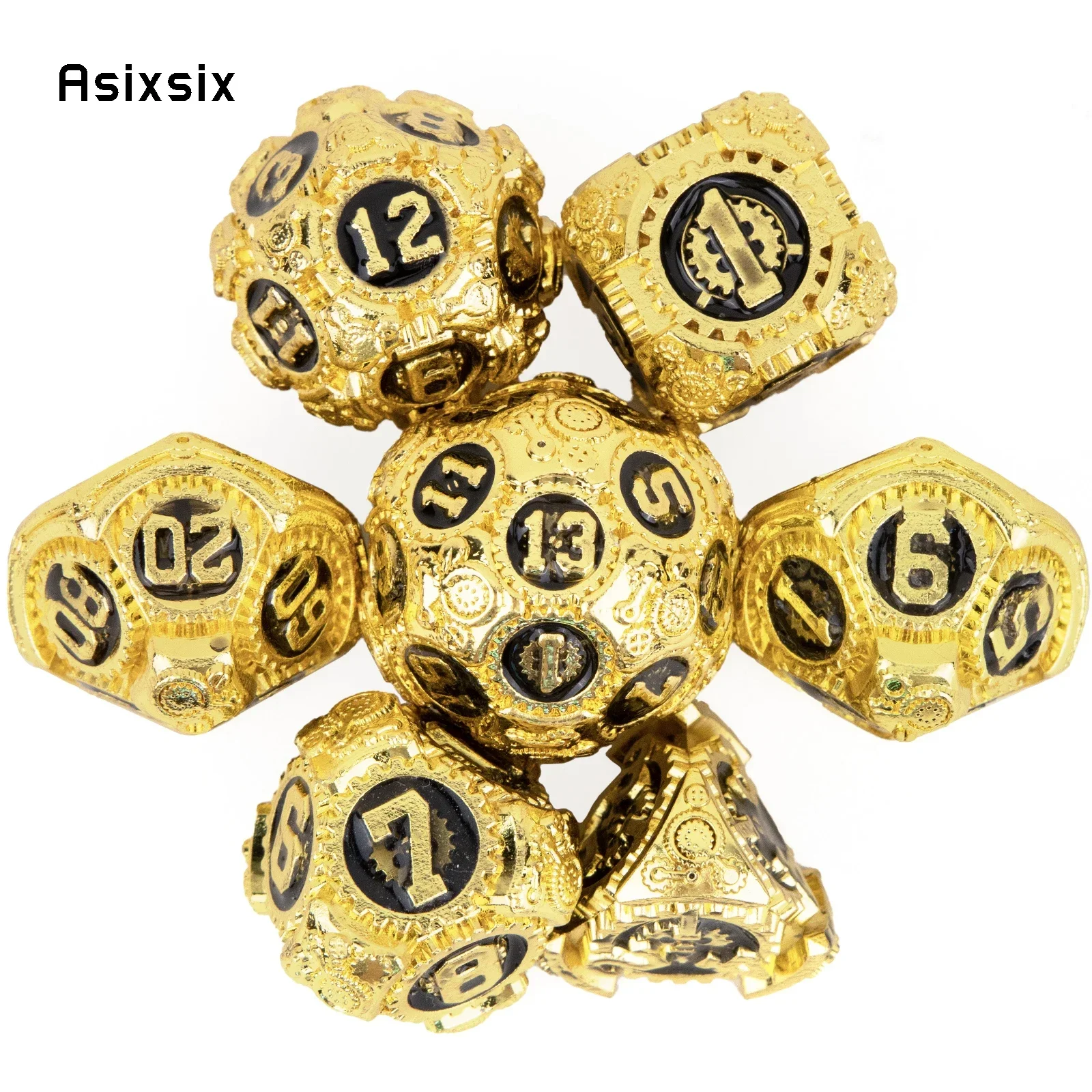 

7 Pcs Golden Black Gear Wheel Metal Dice Solid Metal Polyhedral Dice Set Suitable For Role-Playing RPG Gift Card Game