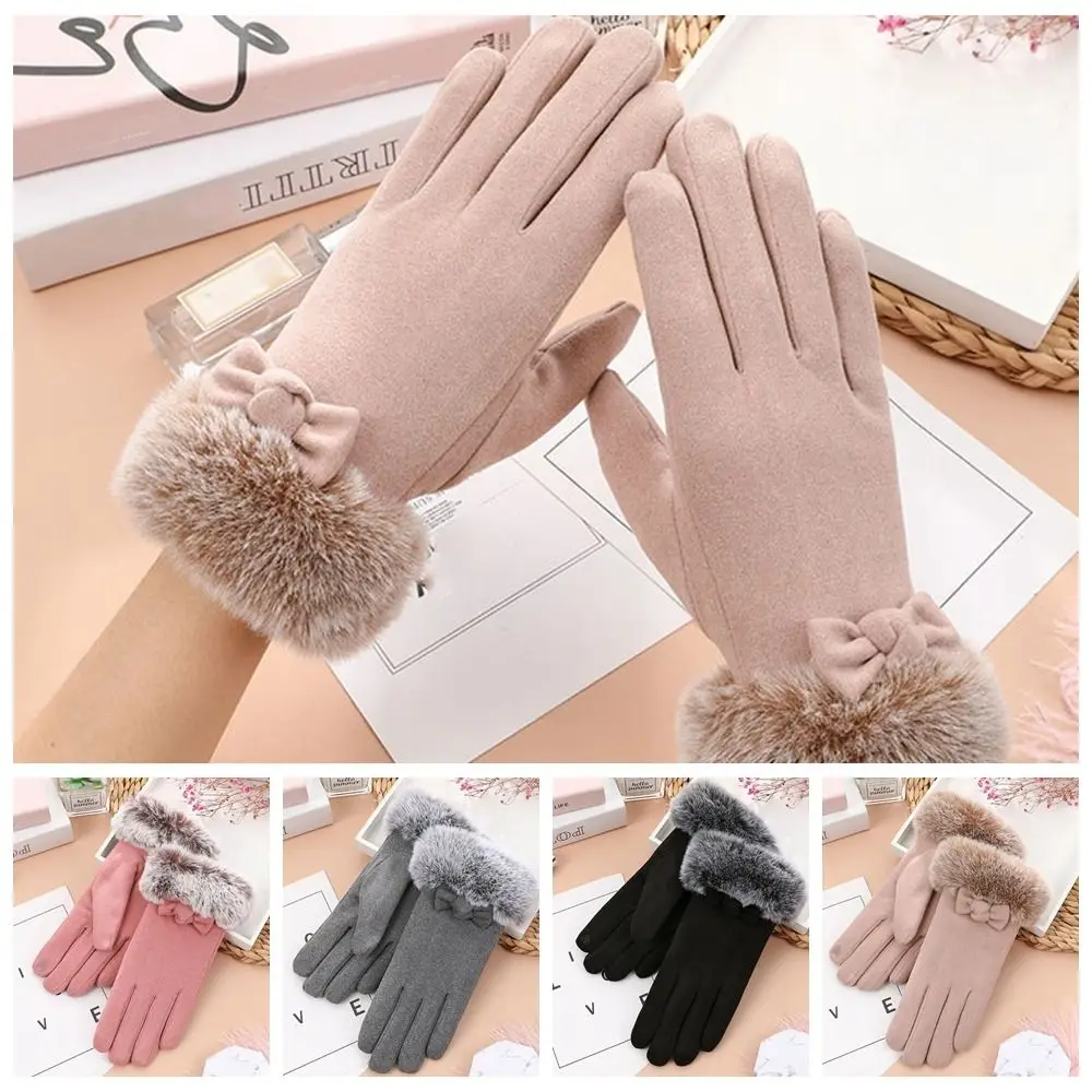 Lovely Touch Screen Bow Plush Gloves Keep Warm Solid Color Winter Velvet Gloves Anti Slip Thicken Women Mittens Ladies