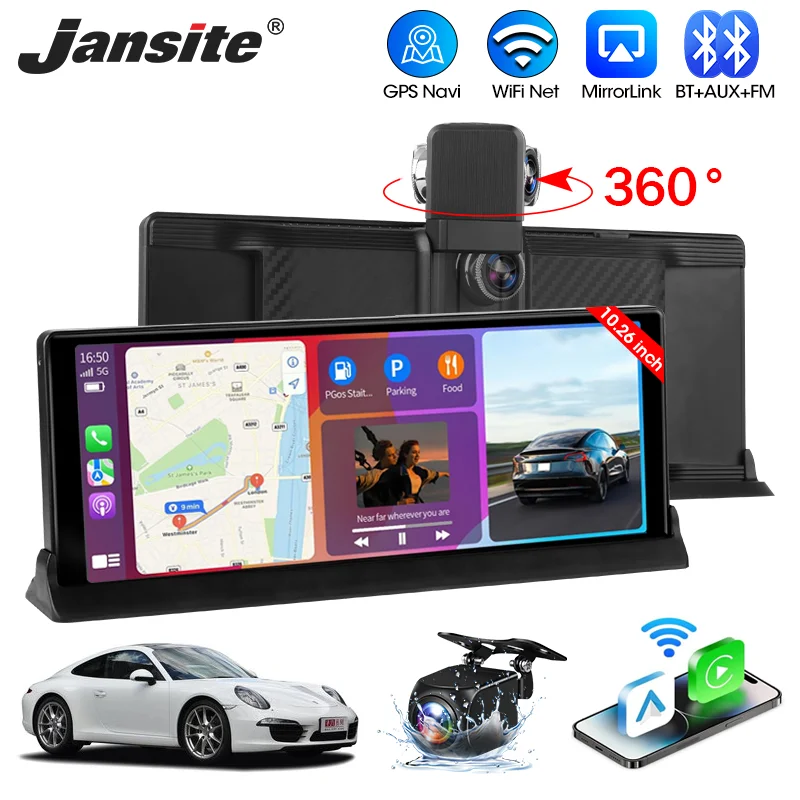 

10.26" Carplay Screen Portable 4K Car DVR Stereo IPS Touch Screen with Wireless Android Auto 360° Rotatable Dashcam FM AUX