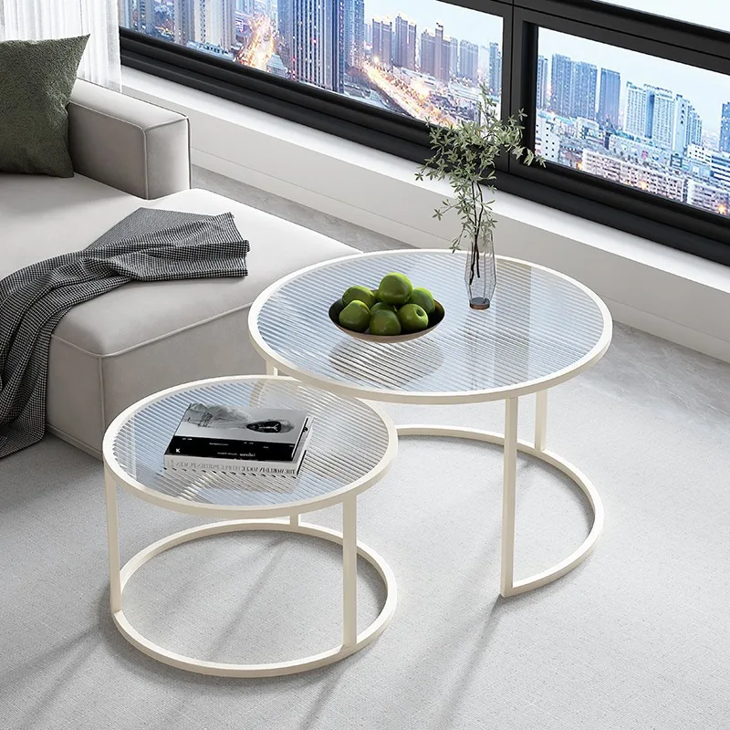 Round tempered glass coffee table, light luxury Instagram, cream style small round  living room