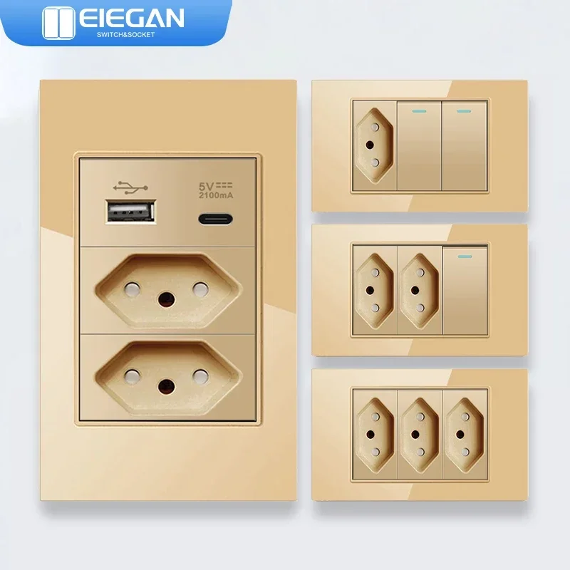 

ELEGAN 118mm Gold Brazil Tempered Glass Standard Outlet Dual Usb Type C Wall Socket Light Switch Switzerland 10A 20A Home decor