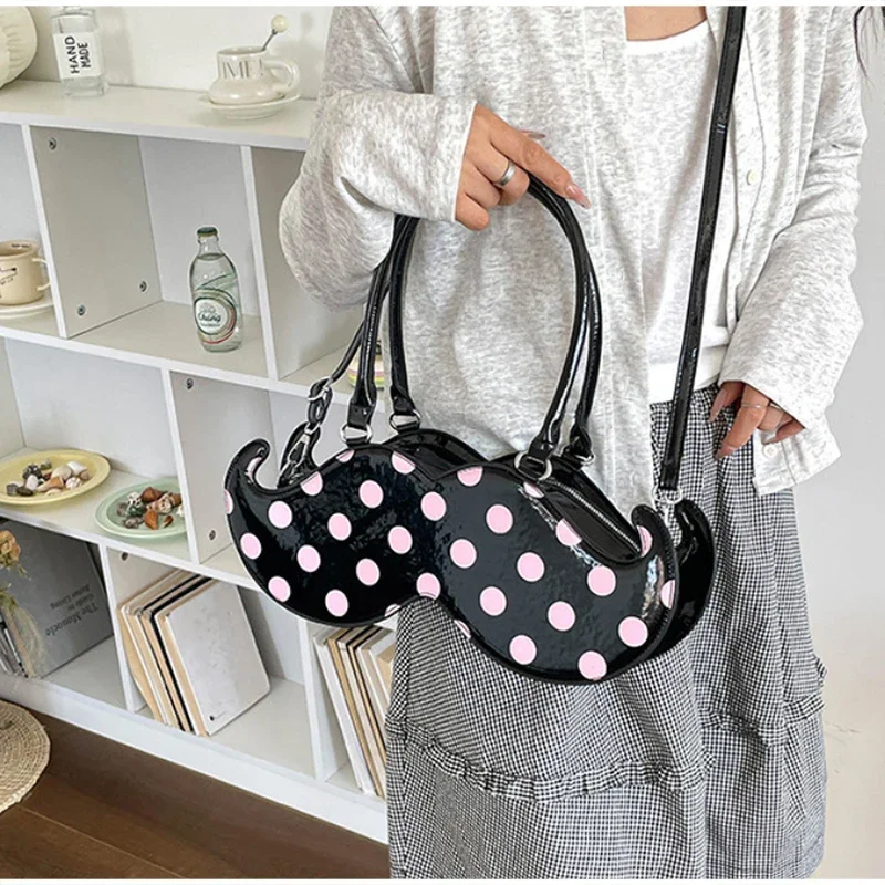 Mustache Shape Polka Dot Hobo Schultertasche, süße, niedliche, ausgefallene, kreative Handtasche für Damen, leichte Alltagstasche im Nischendesign – Detail 11