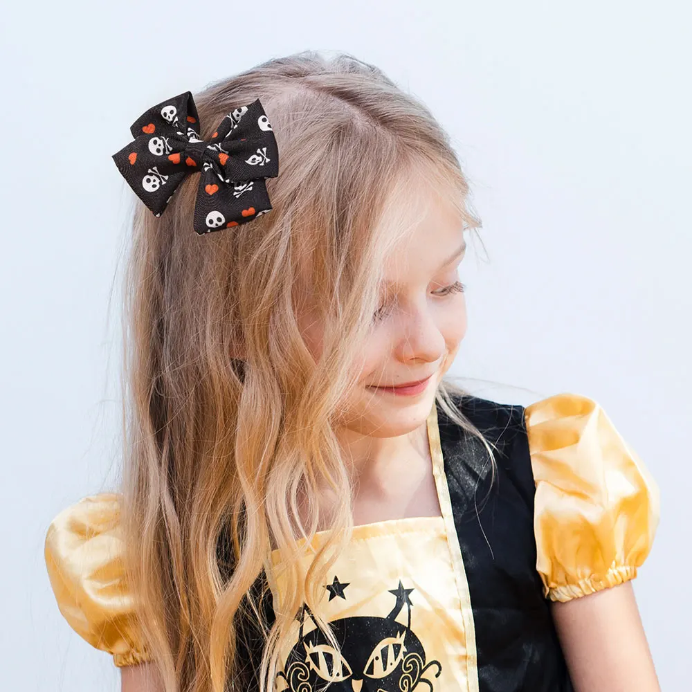 2PCS Halloween Bows Hairpin Cute Ribbon Skull Print Hair Clips For Girls Halloween Party Hair Accessories Kids Barrettes