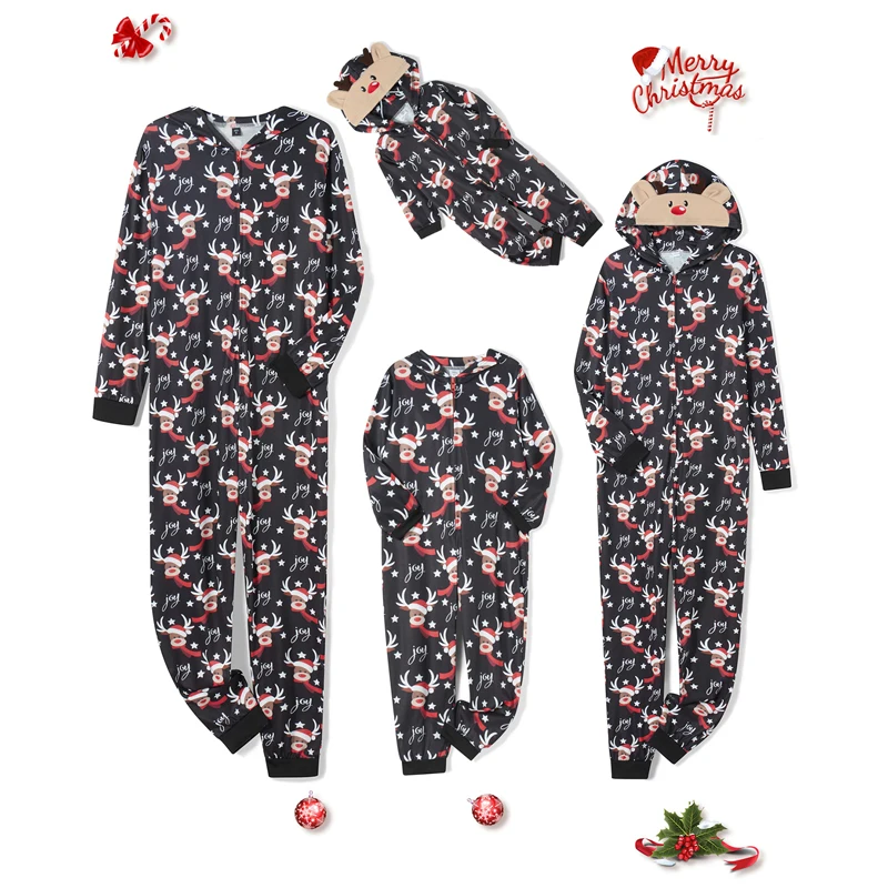 Combhasaki Familien-passender Weihnachts-Pyjama, Loungewear, langärmelig, 3D-Elchgeweih, Allover-Print, Kapuzen-Strampler, Overalls mit Reißverschluss