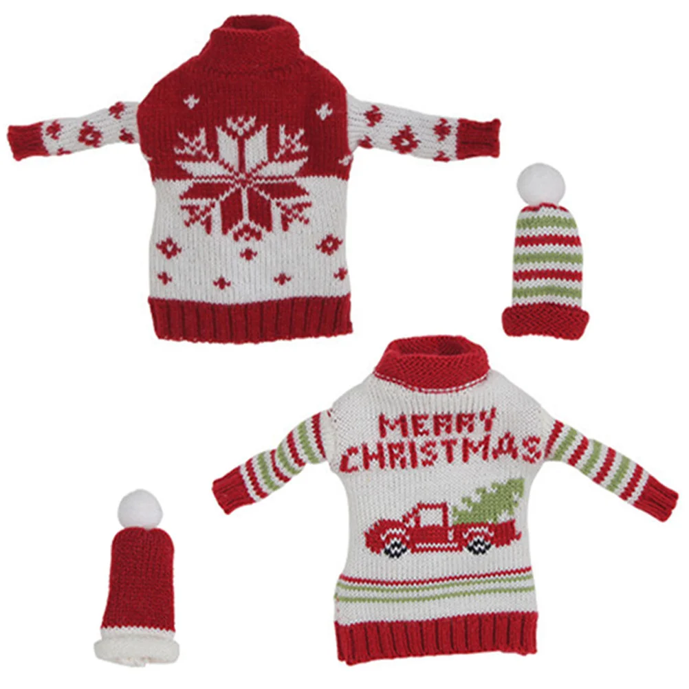 

2Sets Christmas Wine Bottle Covers Soft Knit Sweater Hat Xmas Party Table Decoration Reusable Wine Accessory