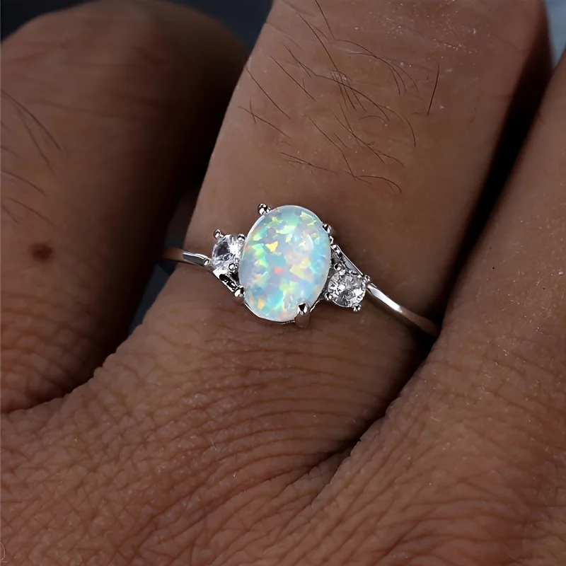 Silver Plated Rings For Women with Cubic Zircon Opal Wedding Band Jewelry Size 6-10