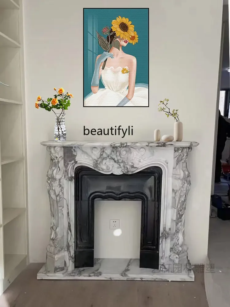 Stone carving marble large white flower European carved fireplace frame living room decoration cabinet customization