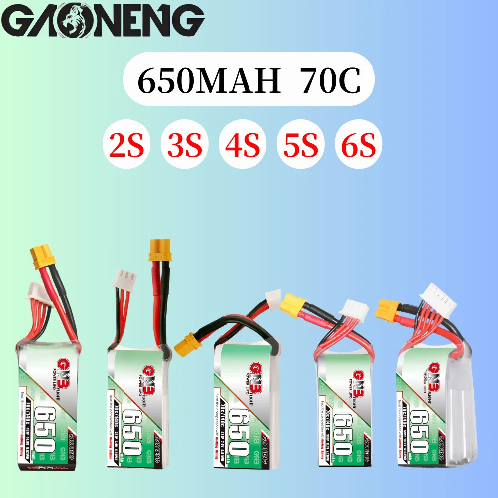 

Аккумулятор Gaoneng GNB 650 мАч 2S 7,4 в 3S 11,1 В 4S 14,8 в 6S 18,5 В 70C Lipo с разъемом XT30 для гоночного дрона RC FPV