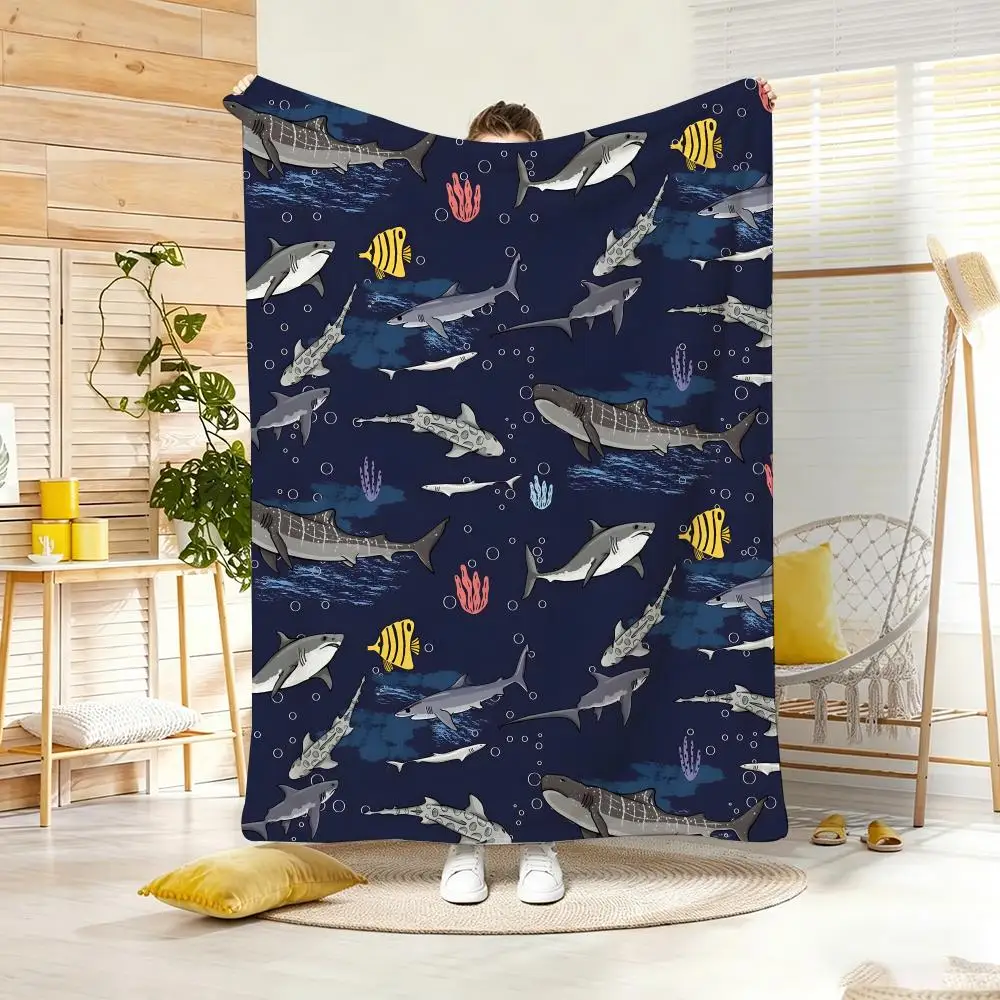 Art Illustration C-Cartoon Shark Throw Lightweight 240g Flannel Blanket Soft Skin-friendly for Summer Cooling