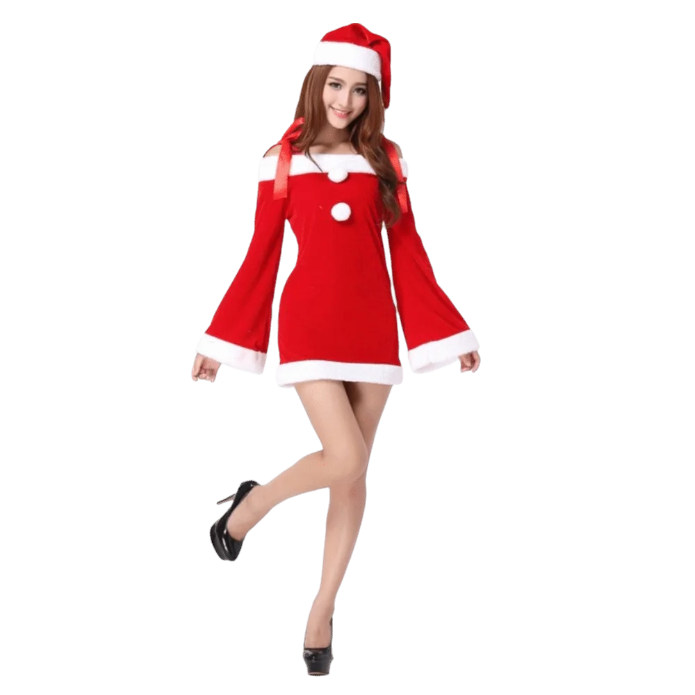 

2 шт., рождественские костюмы с длинными рукавами для женщин, сексуальная женская одежда на одно плечо для косплея с шапками, праздничная мини-платье