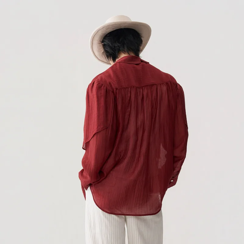 WVGA Summer New Men Irregular Ruched Drop-Shoulder Puff Sleeve SunProof Shirt Niche Chic Casual Turn-Down Collar Tops Ins W24805
