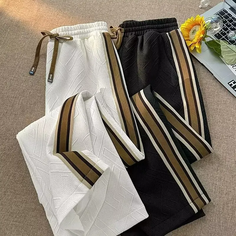 

Men's Winter Thiened Fce Lined Spor Casual Pants High Waist Loose Fit Trousers Design Sense Patchwork American Sle