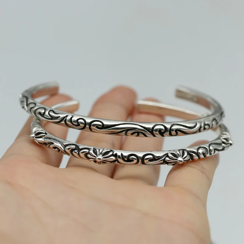 

Tang Grass Vine Embossed 925 Sterling Silver Cross Fine Bracelet Personality Female Student Solid Open Thai Silver Bracelet Male