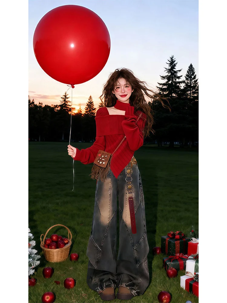 

Large Size Autumn Winter Vintage Women's Knitted Sweater Set with Scarf Slimming Jeans Two Piece Faionable Casual Wear