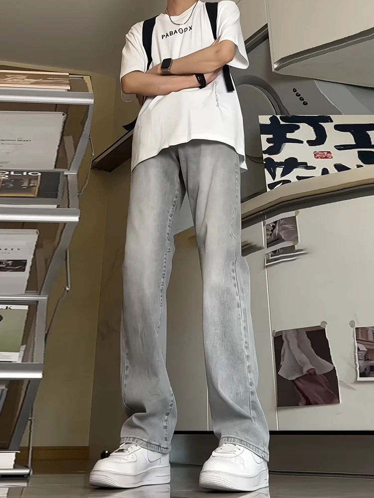 

Trendy Men's Cement Color Flared Straight Leg Jeans American Retro Sle High Waist Zipper Closure Youthful Wear Resistant