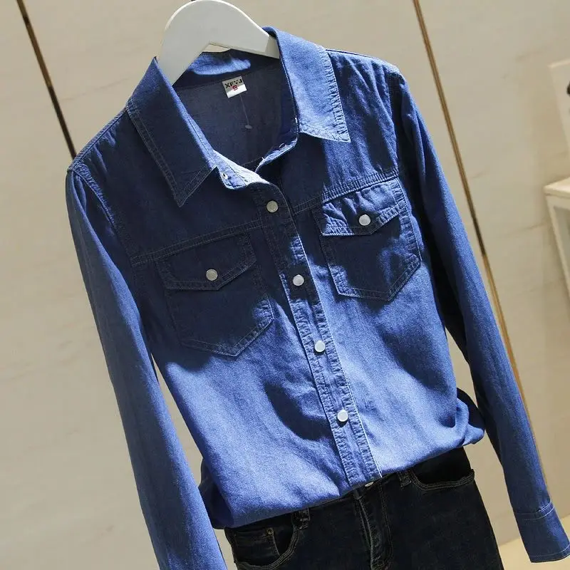 Spring Autumn Women's Long Sleeve Denim Shirt Turn-down Collar Fashionable Ladies' Shirt Premium Quality Other Material 100%