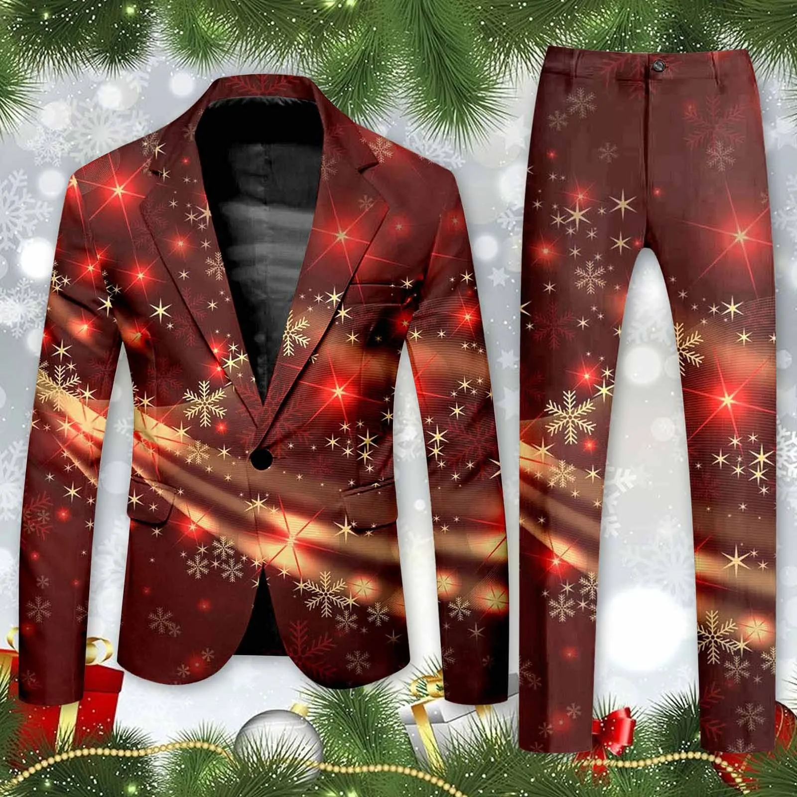 Snowflake Print Christmas Suit Long Pants Set Men One Button Lapel Pocket Suit Slim Fit Business Casual Pants Two-Piece Suit