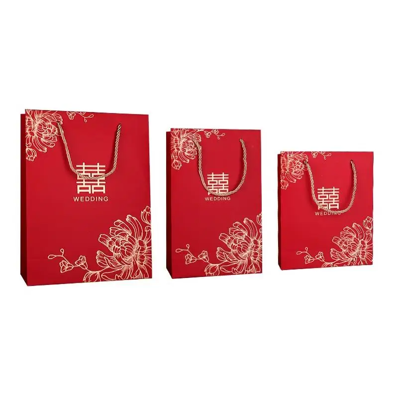 100pcs/lot Chinese style Red Double Happiness Paper gift bags for Wedding Packaging Bag with Handle Party Favors ni113