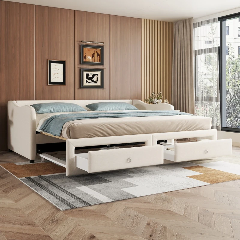 Daybed, 90x200cm Tagesbett mit ausziehbarem Bett, Schlafsofa mit zwei Schubladen, Einzelbett (ohne Matratze), Leinen, minimalistisches Design, beige