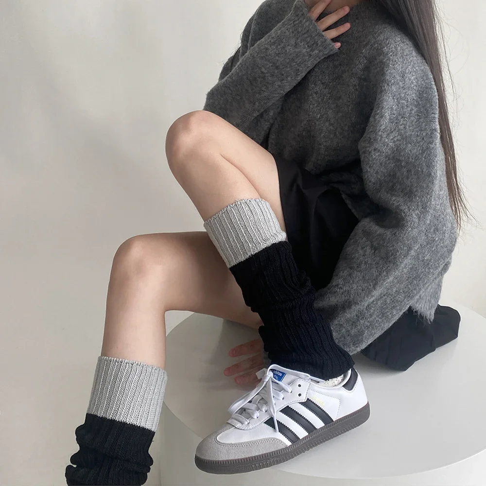 

Autumn Winter Women Leg Warmers Knitted Foot Cover Color Matching Long Socks Stocking JK Lolita Girls Cute Leg Warmer Knee Socks
