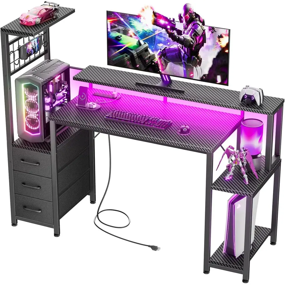

48 Inch Gaming Desk with LED Lights & Power Outlets,Computer Desk with abric Ders & Side Hook,Reversible Gamer Table with Monito