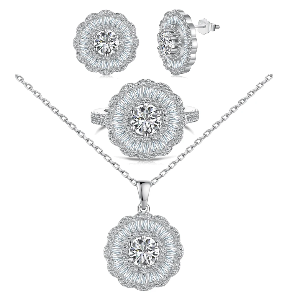 

Real S925 Sterling Silver Pancake Jewelry Set Women T Flower Necklace Earrings Rings Female Luxury Jewelry Shiny 5A Zircon Girl