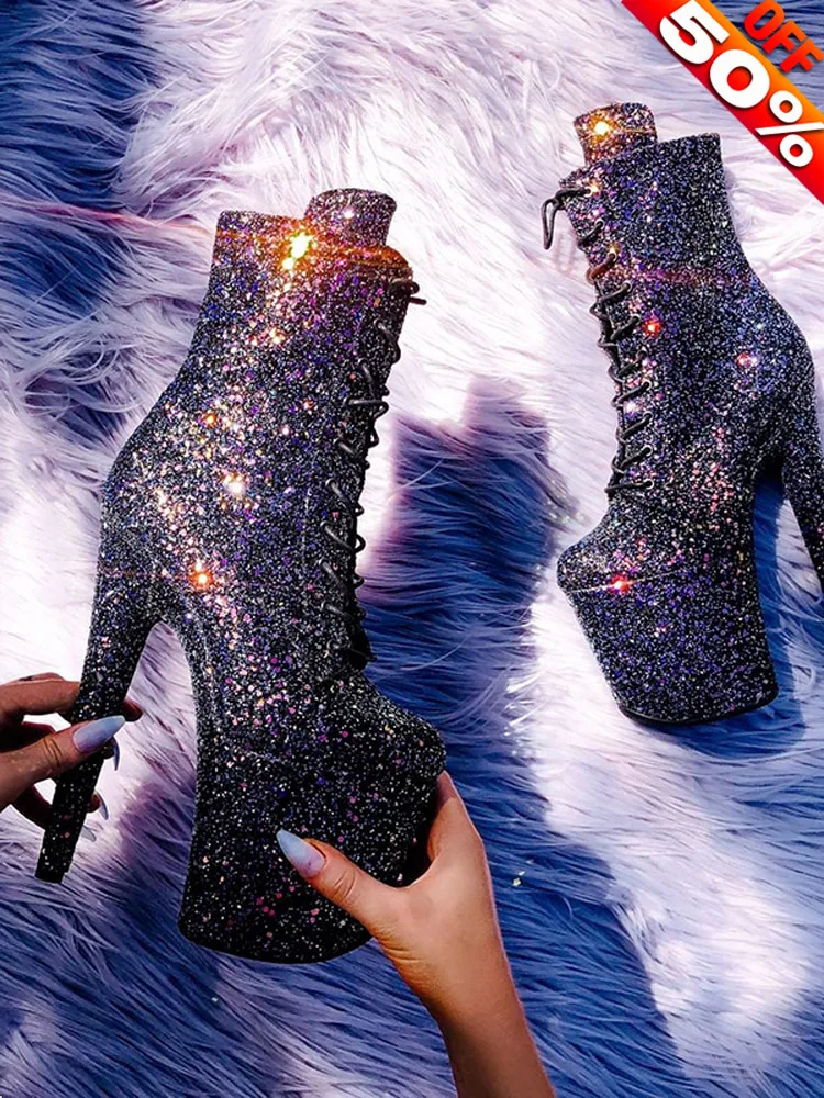 

Exotic Lace-Up 20cm Ultra-High Heel Gothic Waterproof Platform Stripper Boots for Nightclub Sexy Pole Dance Large Size Fetish