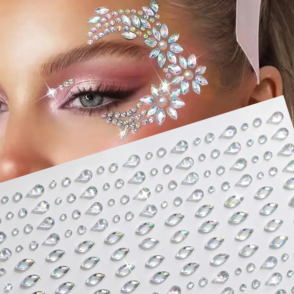 

3D Tear Drop Rhinestone Face Jewels Stickers Holographic Self-Adhesive Gems Tattoo Sticker for DIY Party Eye & Face Makeup Decor