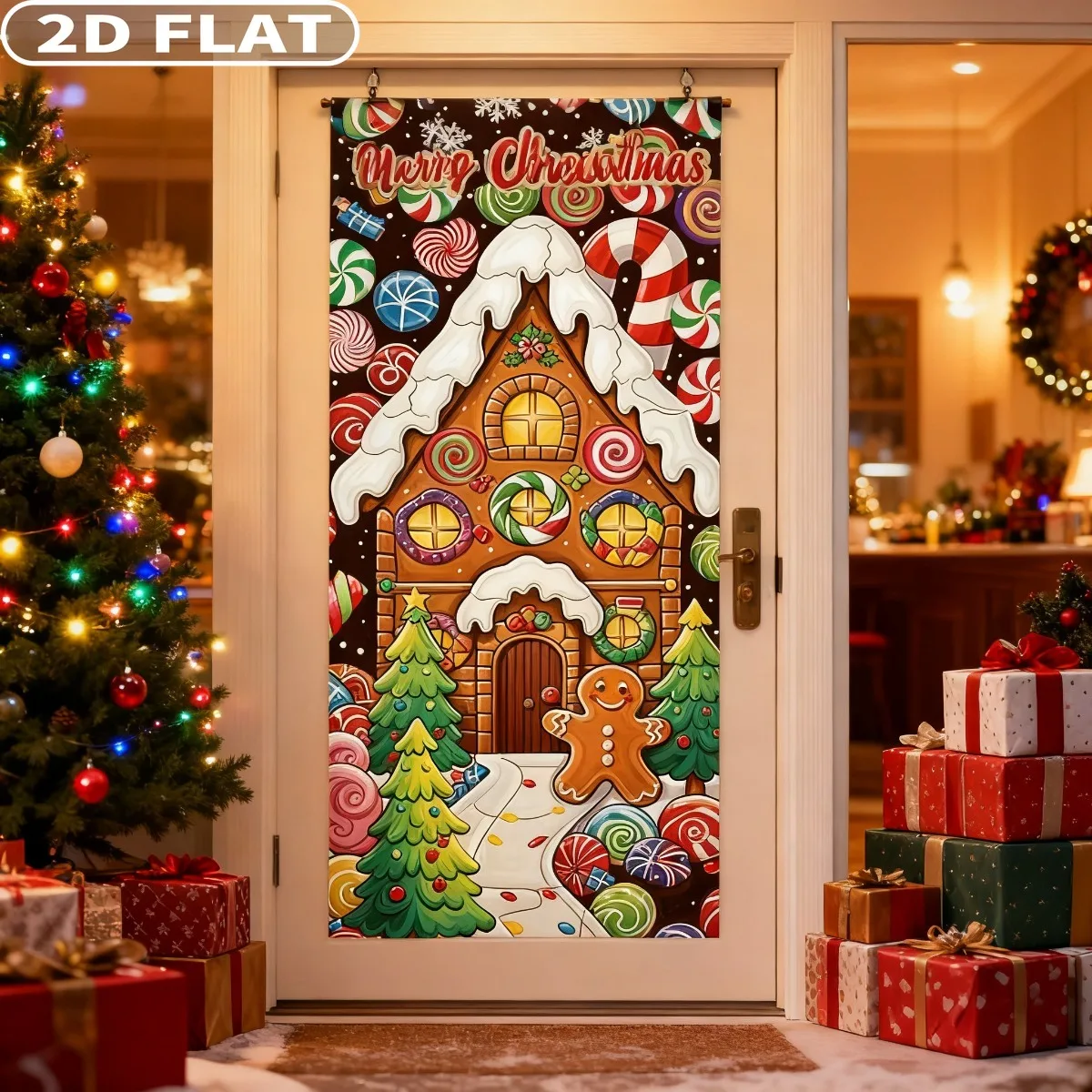 

2D FLAT 1 pc Festive Polyester Christmas Party Packs Door Banner - 35x71 Inch Gingerbread House & Man Design, Xmas Banners
