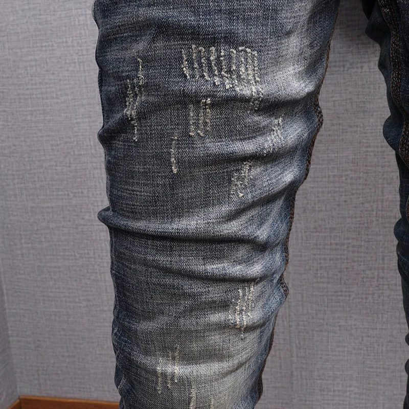 Vintage Fashion Men Jeans Retro Washed Blue Elastic Slim Fit Ripped Jeans Men Frayed Designer Italian Style Denim Pants Hombre
