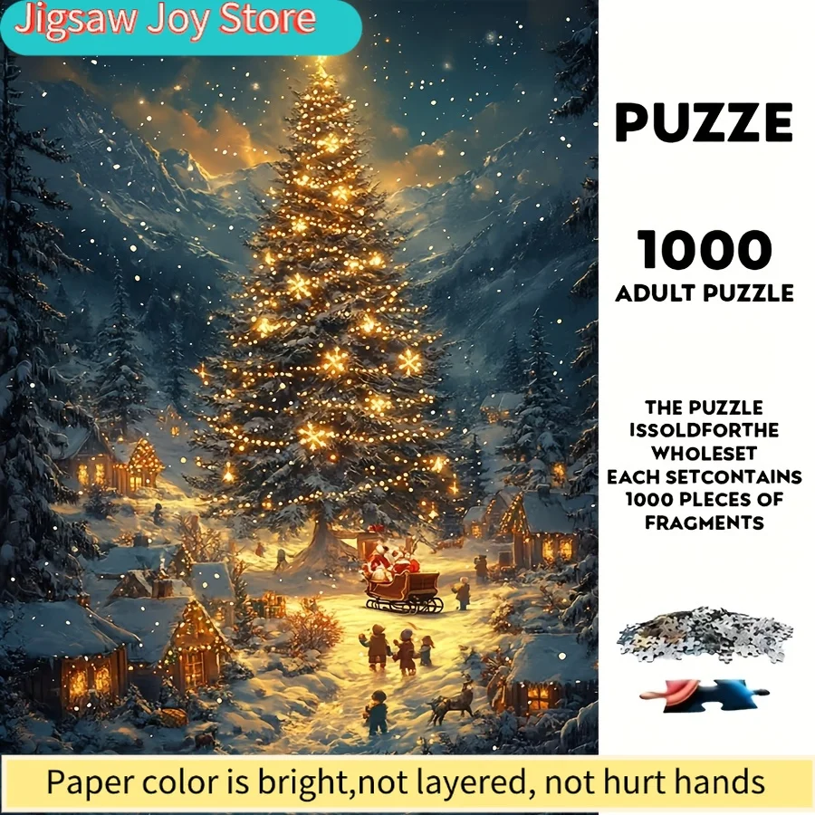 

Набор из 1000 деталей: Рождественская головоломка «Зимняя деревня Санты» с снежной пейзажной сценой, вечнозелеными растениями и звездной ночью — головоломка средней сложности