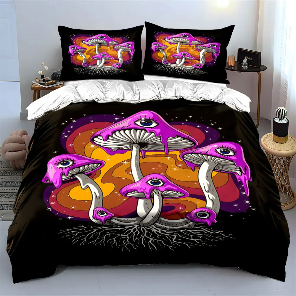 Purple-eyed mushrooms with psychedelic background Bedding set 3PC 1 duvet cover 2 pillowcases adult and children bedding set