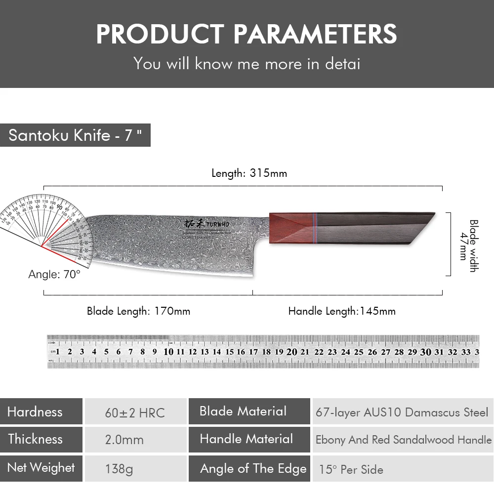 TURWHO 7 "japońskie noże Santoku ze stali damasceńskiej profesjonalny nóż szefa kuchni ręcznie kuty kuchenny cięcie mięsa krojenie narzędzia kuchenne — zdjęcie 7