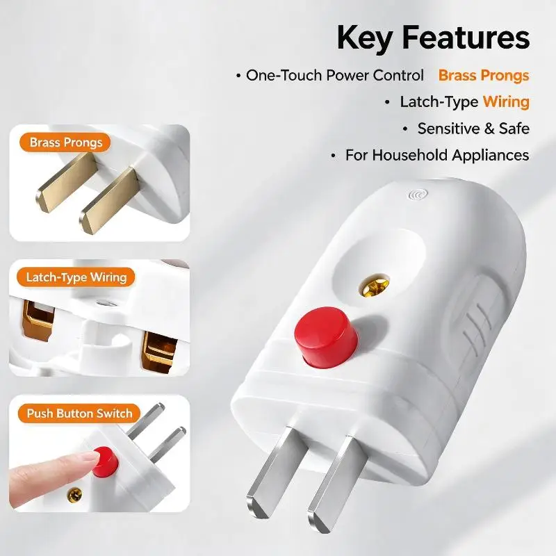 10A 250V 2 Prong Electrical Plug With On Off Switch Flame Retardant Shell For Home Office Daily Use