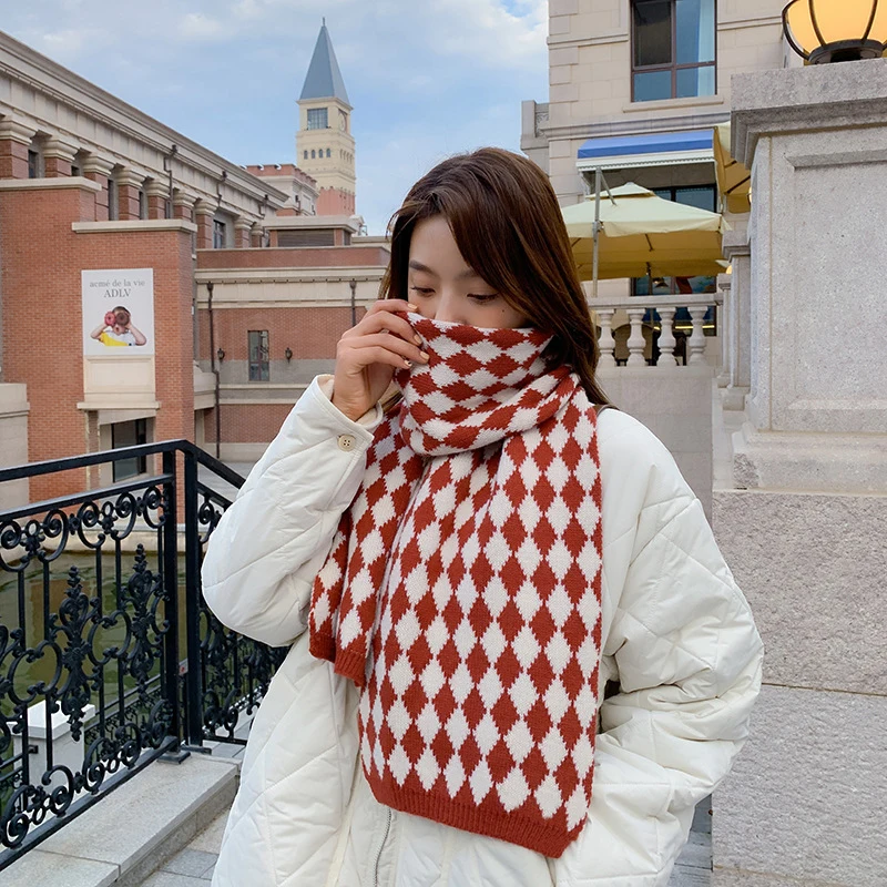 

Elegant Scarf For Women Imitation Cashmere Diamond Plaid Student Knitted Winter Warm Female Thick Blanket Long Wrap Shawl Unisex