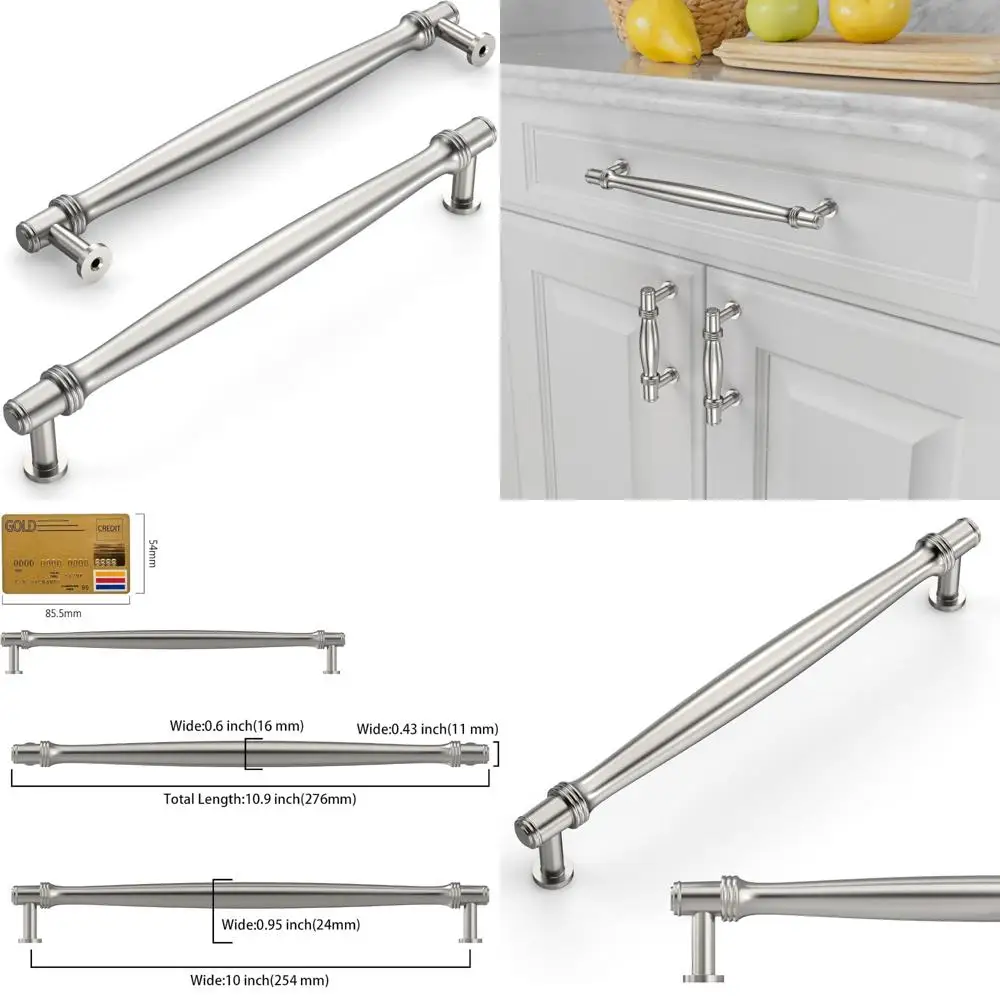 

10 Pack 10 Inch Brushed Satin Nickel Cabinet Pulls, Kitchen Cabinet Handles with 254mm Hole Centers, Hardware for Kitchen Cabine